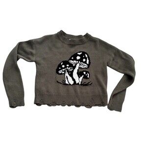 Mushroom Cottagecore Jacquard Knit Olive Green Crop Sweater No Boundaries XS